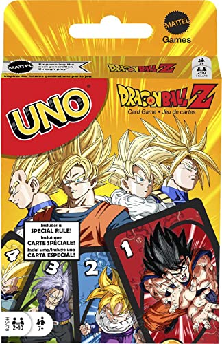 Mattel Games UNO Dragon Ball Z Card Game for Family Night Featuring Deck with TV Show-Themed Graphics & Special Rule for 2 for 10 Players