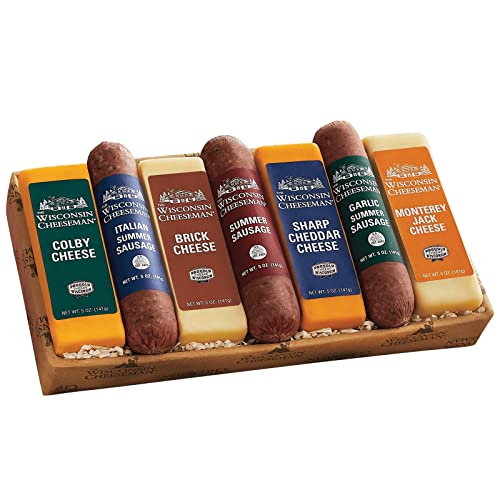 The Wisconsin Cheeseman Cheese and Sausage Combo - Featuring Colby, Brick, Sharp Cheddar, and Monterey Jack Cheese Bars, Italian, Original, and Garlic Summer Sausages, Nice Gift for Charcuterie Boards