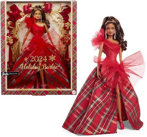 Barbie 2024 Holiday Barbie Dolls, Seasonal Collector Toy, Barbie Signature, Plaid Gown with Red Bow, Displayable Packaging, Light Brown Hair