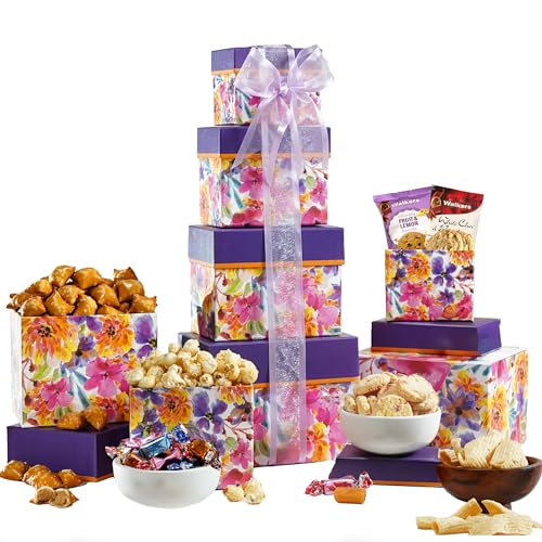 Broadway Basketeers 4 Box Chocolate Food Gift Basket Tower Snack Gifts for Women, Men, Families, College – Delivery for Birthday, Appreciation, Thank You, Get Well Soon Care Package