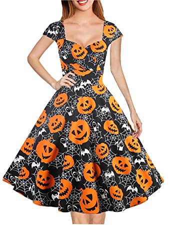 Hanpceirs Women's Cap Sleeve 1950s Vintage Party Dress Cocktail Dress Formal Dresses with Pocket Pumpkin XL