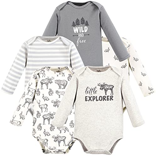 Touched by Nature Unisex Baby Organic Cotton Long-Sleeve Bodysuits, Neutral Woodland, 12-18 Months