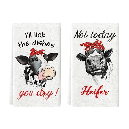 Artoid Mode Funny Farm Cow Kitchen Towels Dish Towels, 18x26 Inch I'll Lick The Dishes You Dry Not Today Heifer Decoration Hand Towels Set of 2