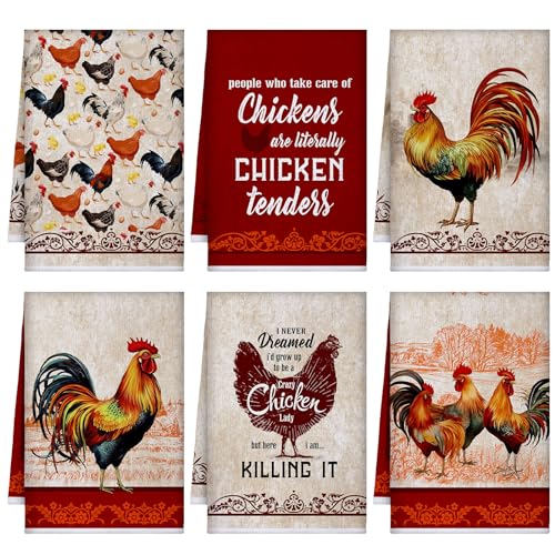 FuWeave 6 Pcs Chicken Kitchen Towels Rooster Dish Towels Christian Farmhouse Vintage Hand Towels Rustic Chicken Mom Gifts for Chicken Lovers Christmas Bathroom Decor Kitchen Gifts