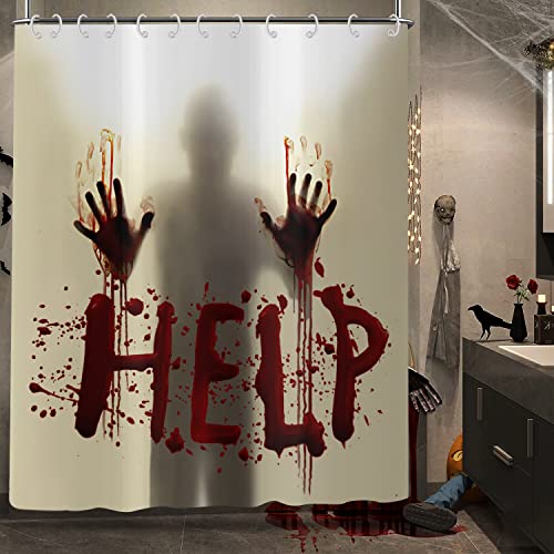 GCIREC Halloween Shower Curtain, Help Me Scary Bloody Hands Bathroom Curtain for Halloween Party Props Decor Waterproof Fabric Machine Washable with 12 Hooks, 72'x72'