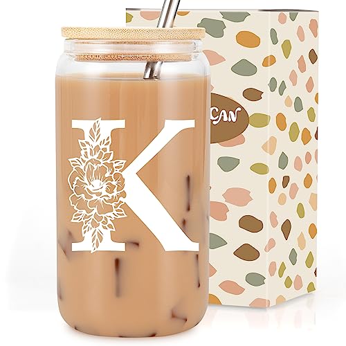 Coolife Initial Glass Cup, Monogrammed Gifts for Women, 16 oz Glass Cups w/Lids Straws, Iced Coffee, Smoothie, Beer Glass Tumbler w/Straw Lid - Personalized Christmas, Birthday Gifts for Her Mom