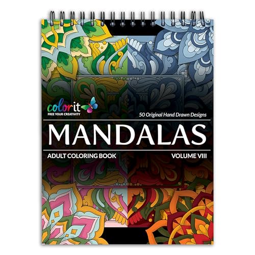 ColorIt Mandalas to Color, Volume VIII Adult Coloring Book 50 Floral and Geometric Mandala Patterns and Designs, Spiral Binding, USA Printed, Lay Flat Hardback Book Cover, Ink Blotter