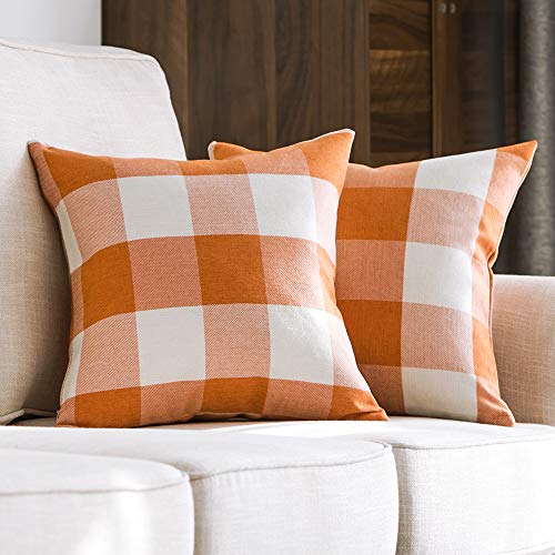 MIULEE Fall Pack of 2 Decorative Classic Farmhouse Buffalo Check Plaids Throw Pillow Covers Polyester Linen Soft Soild Orange Cushion Case for Halloween Sofa Bedroom Outdoor 18 x 18 Inch