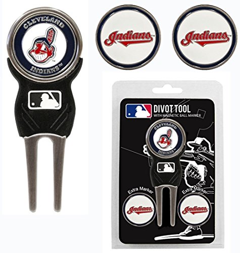 Team Golf MLB Cleveland Indians Divot Tool Pack With 3 Golf Ball Markers Divot Tool with 3 Golf Ball Markers Pack, Markers are Removable Magnetic Double-Sided Enamel