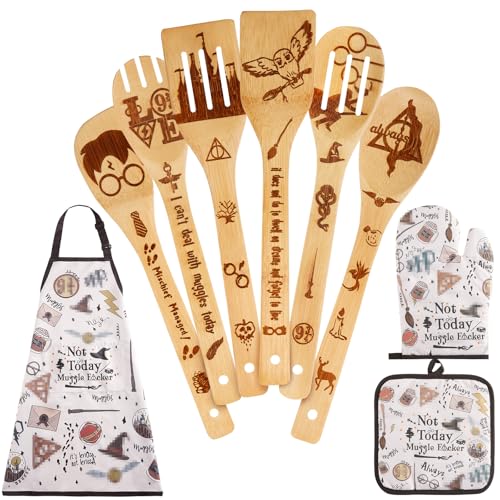 Harry Magic Gifts for Mom Women,Kitchen Utensils Set,Cute Wizard Wooden Cooking Spoons with Apron Oven Mitt Potholder,Great Birthday Wedding&Housewarming Christmas 9pcs