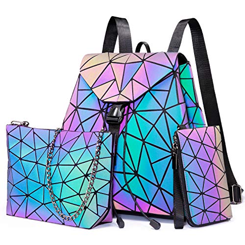 LOVEVOOK Geometric Luminous Backpack for Women Holographic Reflective Purses Crossbody Bag Wallet Large