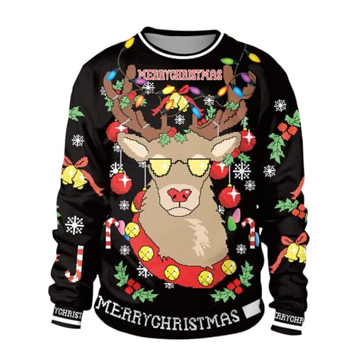 Colorful House Women Men Ugly Christmas Jumper Sweater, 3D Digital Print Sweatshirt(Reindeer,Large)