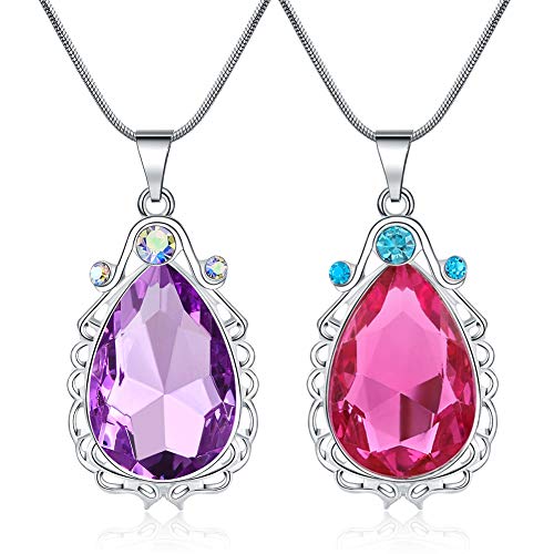 2 Pcs Sofia the First Amulet and Elena Princess Necklace Twin Sister Teardrop Necklace Magic Jewelry Gift for Girls