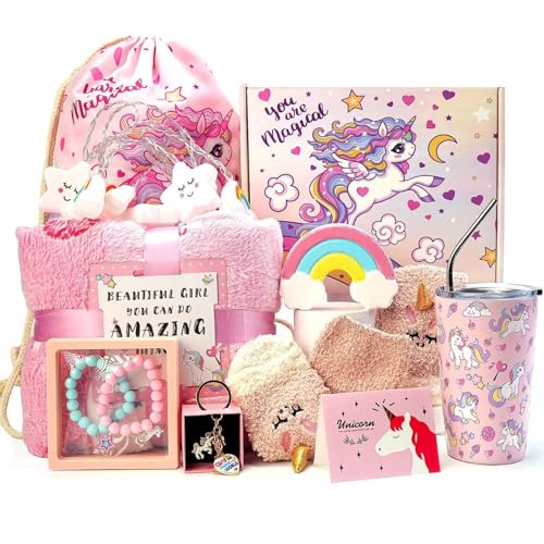 Wzvzss Unicorn Birthday Gifts for Girls,Unicorn Gifts Box for Toddler/Teen Girls,Gift for Girls Age 6-8 4 5 7 9 10 Year Old,Kindergarten Back to School Gifts - 9 Pcs Set for Little Girl