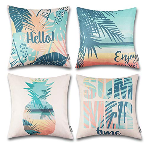 ONWAY Hello Summer Pillow Covers 18x18 Beach Theme Decorative Throw Pillow Covers for Home Patio Party Decor 18x18, Set of 4