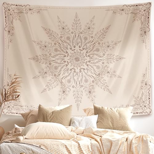 Damanse Floral Bohemian Tapestry-Flower Aesthetic Tapestry-Hippie Wall Hanging Boho Tapestry-Small Mandala Room Decor-Tapestries for Bedroom Living Room Dorm(Flaxen, 35.40' x 47.20')