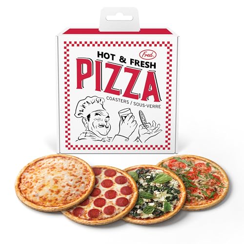 Genuine Fred HOT and Fresh Pizza Coasters, Set of 4 Realistic Pizza Style Drink Coasters, MDF and Cork, Packed in Authentic-Looking Mini Pizza Box, Fun and Functional Table Protection, Great Gift