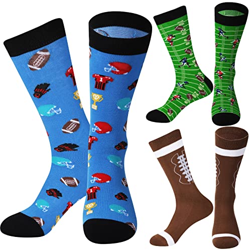 3 Pairs Novelty Football Socks Funny Football Gifts for Women Men Christmas Football Gifts Sports Themed Crew Socks Football Lover Gifts for Football Party Favor(Brown, Green, Blue, Football Style)