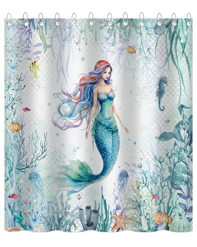 Mocsicka Mermaid Shower Curtain for Kids Girls Blue Ocean Shower Curtain with 12 Hooks Green Coral Seashell Jellyfish Fish Waterproof Fabric Disney Mermaid Bathroom Decor, 72 x 72 Inch