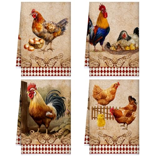 Geyoga 4 Pcs Kitchen Towels Farmhouse Vintage Dish Towel Rustic Cloths Hand Towels 16 x 24 Inch Tea Towel for Christmas Bathroom(Classic Color,Rooster)