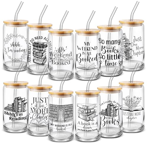 Domensi 12 Pcs Book Lovers Themed Gift 16 oz Glass Cups with Bamboo Lid Glass Straw Library School Can Shaped Glass Cup for Women Men Teacher Readers Book Club Librarians Team Christmas Gifts