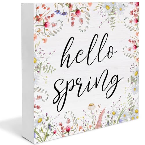 Spring Decor Farmhouse Spring Desk Decorations Wooden Sign, Hello Spring Wood Plaque Block Sign Rustic Home Decor 5 x 5 Inches