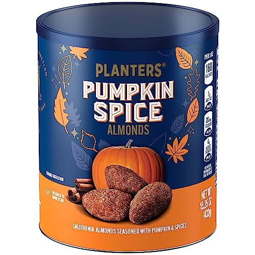 PLANTERS Fall Edition Pumpkin Spice Almonds, Pumpkin Spice Snacks, Cooking & Baking Nuts & Seeds, Flavored Almonds, Seasonal Nuts, Fall Party Snacks, Plant-Based Protein, 15.25 oz Canister