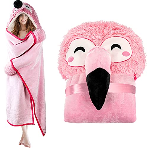 Flamingo Wearable Hooded Blanket for Adults – Fuzzy Super Soft Warm Cozy Plush Flannel Fleece & Sherpa Hoodie Throw Cloak Wrap - Flamingo Gifts for Women Adults Girls and Kids