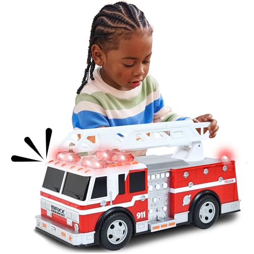 Sunny Days Entertainment Maxx Action 12’’ Large Fire Truck – Lights and Sounds Vehicle with Extendable Ladder | Motorized Drive and Soft Grip Tires | Red Firetruck Toys for Kids 3-8