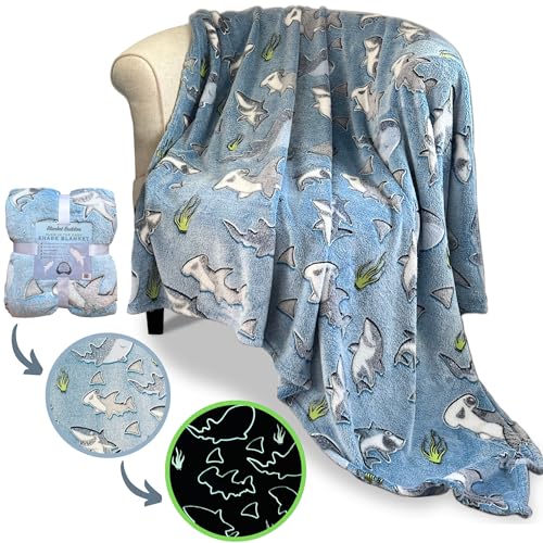 Shark Throw Blanket: Glow in The Dark, Cozy, Soft, Lightweight, Warm, 50' x 60' Fleece Shark Blanket for Boys and Girls with Hammerhead, Mako, Blue, Whale, and Great White Sharks! (Blue)