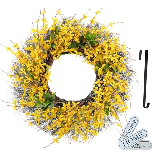 Kuimen Wreath, Forsythia Wreath, Spring Wreaths for Front Door, Suitable for Front Door, Interior Decoration, can do Home, Company, Country Decoration (Yellow, 24)