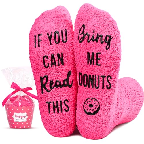 HAPPYPOP Donut Socks Donut Gifts For Women, Pink Fuzzy Cupcake Socks Donut Slippers