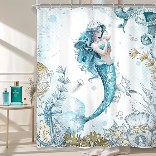 Riyidecor Mermaid Shower Curtain 60Wx72H Inch Blue Nautical Scale Ocean Sea Octopus Coastal Coral Underwater Fish Seashell Teal for Girls Bathroom Decor Fabric Polyester Waterproof 12 Pack Hooks