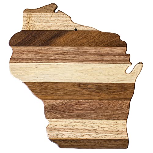 Rock & Branch Shiplap Series Wisconsin State Shaped Wood Cutting Board and Charcuterie Serving Platter, Includes Hang Tie for Wall Display