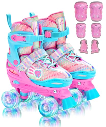 Sportneer Kids Roller Skates, 4 Adjustable Light up Roller Skates for Girls Boys Kids Toddlers Beginners, Kids Skates with Protective Gear Set Gift for Indoor & Outdoor Use