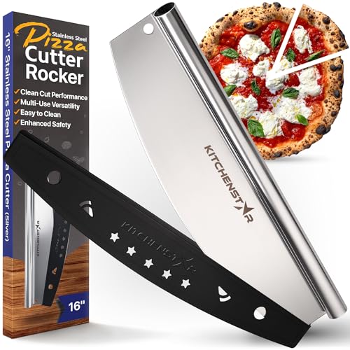 16' Pizza Cutter Rocker Blade by KitchenStar - Sharp Stainless Steel Slicer Knife w Protective Cover, Dishwasher Safe Pizza Oven Accessories, Silver