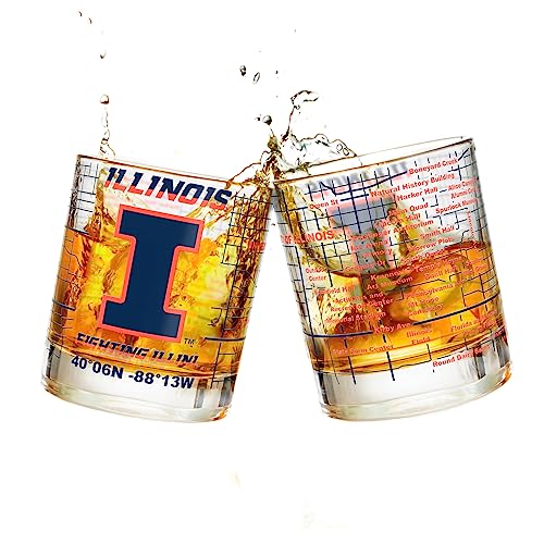 Greenline Goods University Of Illinois Whiskey Glass Set (2 Low Ball Glasses) - Contains Full Color Illinois Logo & Campus Map - Gift Idea for Illinois College Grads & Alumni - Glassware