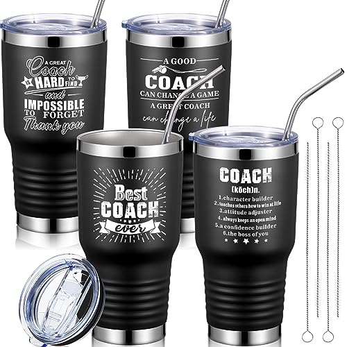 Uiifan 4 Sets Coach Thank You Gifts Best Coach Ever Tumbler Coach Mug with Lids Straws 30 oz Stainless Steel Coach Tumbler Coach Appreciation Gift for Men Women(Black)