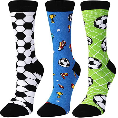 Coume 3 Pairs Novelty Soccer Basketball Football Volleyball Softball Gaming Socks Funny Sports Crew Casual Socks Gifts for Women Men (White, Green, Blue, Soccer Style)