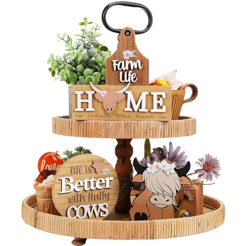 Suzile 4 Pcs Highland Cow Tiered Tray Decor Wooden Highland Cow Decoration Wooden Farmhouse Tiered Tray Decorative Cow Centerpieces for Tables Cow Decor for Home Kitchen Highland Cow Theme Gift