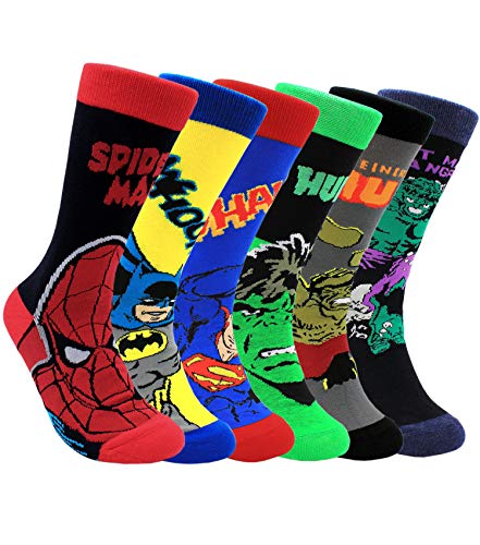 Funny Socks Men 6 Pairs Cool Hero Character Novelty Crew Dress Sock Wedding Groomsmen Socks Size 10-13