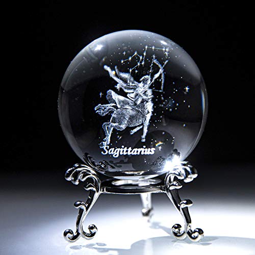 HDCRYSTALGIFTS 3D Laser Constellation Crytsal Ball Crystal Paperweight Full Sphere Glass Fengshui with Sliver-Plated Flowering Stand(Sagittarius)