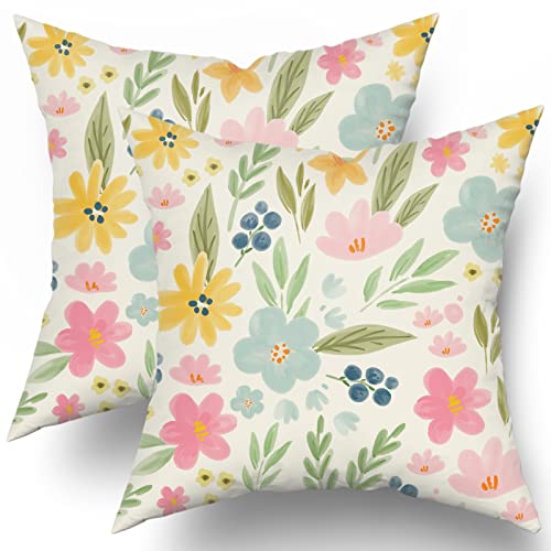 Sweetshow Spring Floral Pillow Covers 18x18 Set of 2 Cute Watercolor Yellow Pink Blue Flower Leaf Print Decorative Throw Pillows Spring Rustic Farmhouse Cushion Case Decor for Couch Sofa Bed