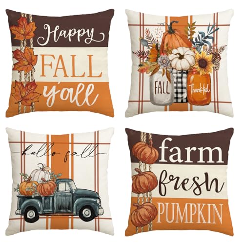 AVOIN colorlife Happy Fall Y'all Maple Leaves Flower Vases Truck Throw Pillow Covers, 18 x 18 Inch Autumn Farm Fresh Pumpkin Sunflower Thanksgiving Harvest Floral Decorations for Sofa Couch Set of 4