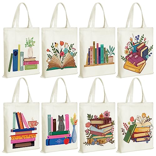 Sweetude 8 Pack Christmas Canvas Book Totes Bags Bulk Book Club Gifts Favors Bookish Book Lovers Gifts Librarian Readers Gifts for Women Coworkers Teachers(Book)