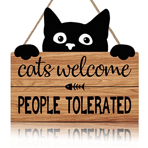 LHIUEM Funny Cat Welcome Sign,Cats Welcome People Tolerated Kitty Kitten Footprint Wooden Plaque,10X11 inches Black Cat Wall Decor, Funny wooden Sign For Pet Shop Home,Cat Lover Gifts