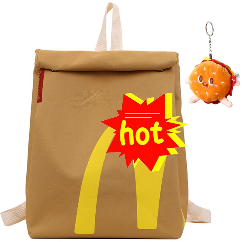 Cute Paper Backpack Casual Canvas Shoulder Crossbody Bag with Hamburger Pendant Daypack for Women Men