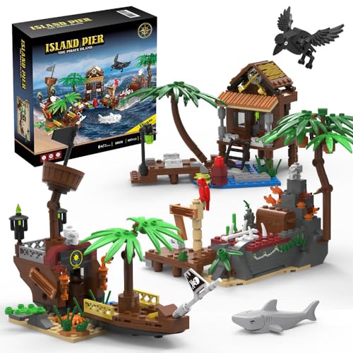 Mesiondy Pirate Ship Building Brick Toy Set - 497pcs, Shoal Island, Pirate Repair Port, with Sharks, Crow, Sunken Treasure for 7-9year boy