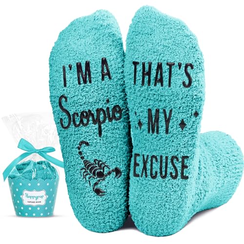 HAPPYPOP Funny Astrology Space Scorpio Gifts for Women - Crazy Constellation Horoscope Gifts for Teen Girls, Fuzzy Star Galaxy Scorpio Zodiac Socks