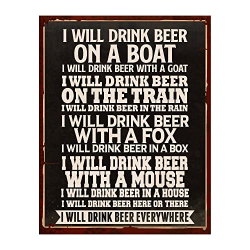 I Drink Beer Everywhere - Dr. Seuss Funny Wall Art, Funny Drinking Sign Decoration For Home Decor, Kitchen Decor, Bar Decor, or Man Cave Decor, Perfect Novelty Gift For Beer Lovers, Unframed - 11x14